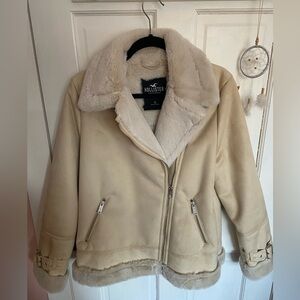 Hollister Women's Cream Faux Fur Lined Suede Moto Jacket